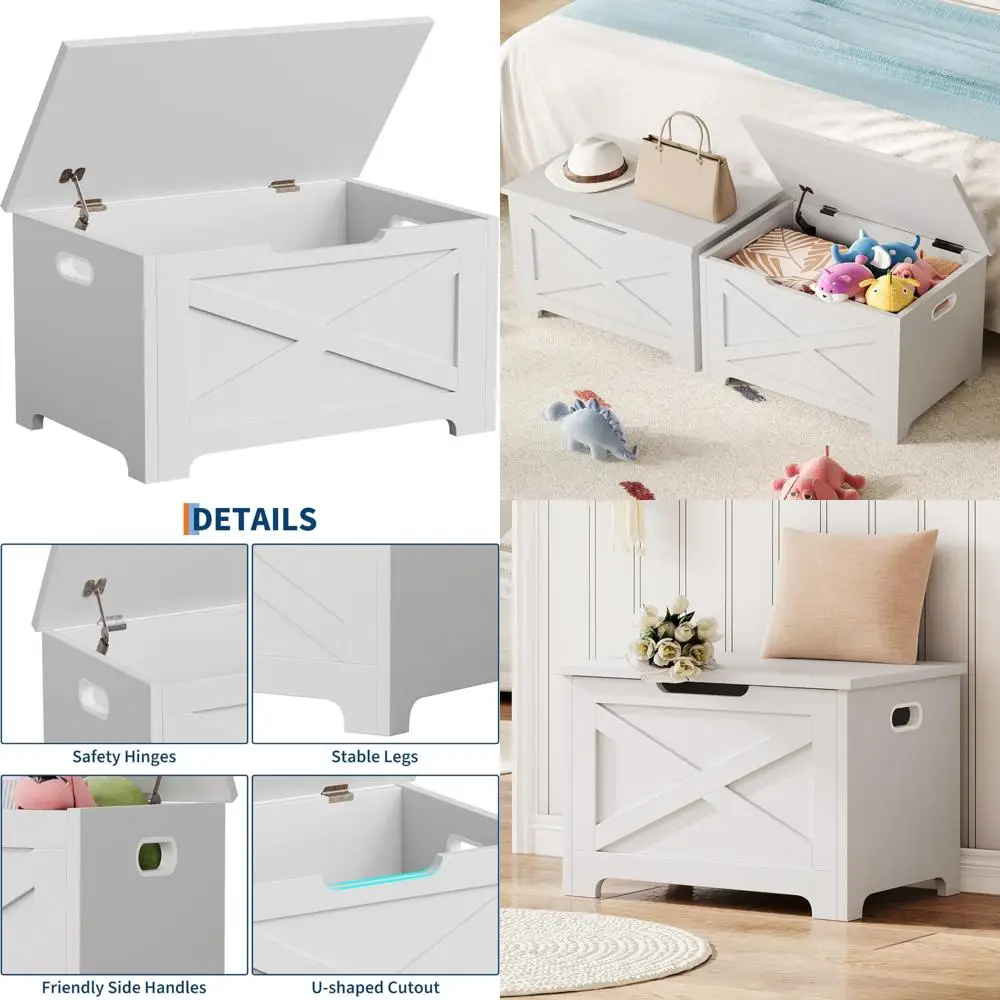 

farmhouse-style wooden storage bench with safety hinges for entryway, bedroom, living room