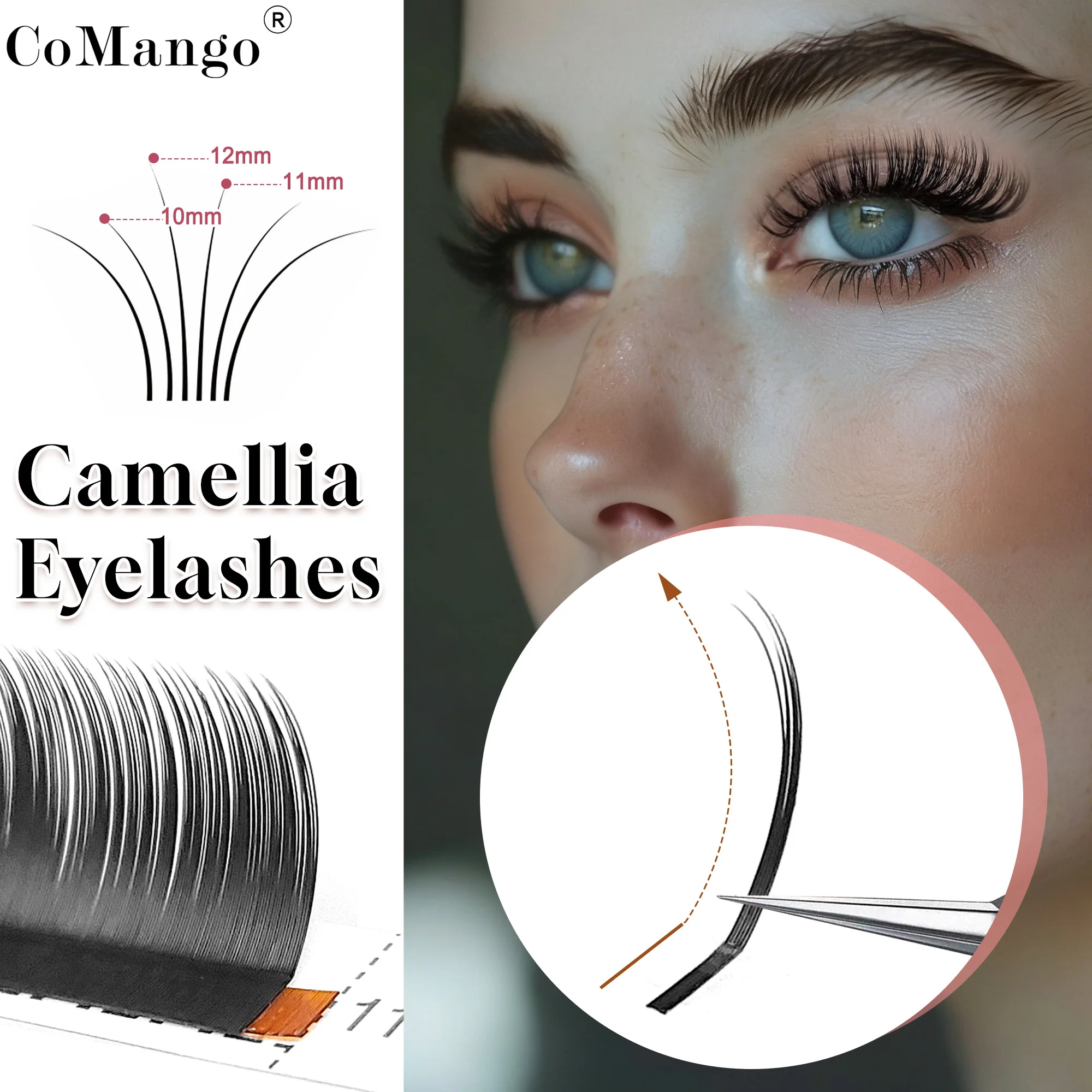 Extensions de cils CoMango multi-longueurs en camélia naturel, volume moelleux B/C/D/LJ/LB/LC/LD/LU, cils individuels doux