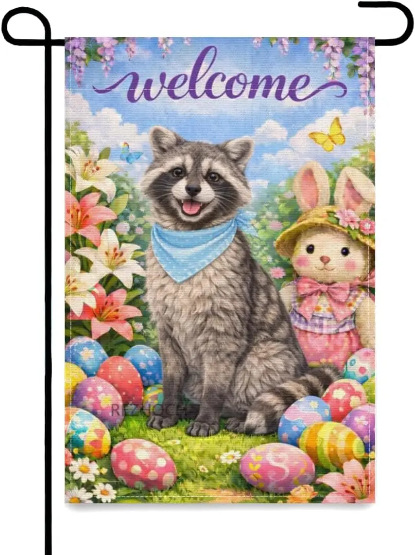 Funny Raccoon Easter Garden Flag 12x18 Inch,Cute Animal Bunny Doll Colorful Easter Eggs,Spring Outside Welcome Yard Flags,Fl MMZ