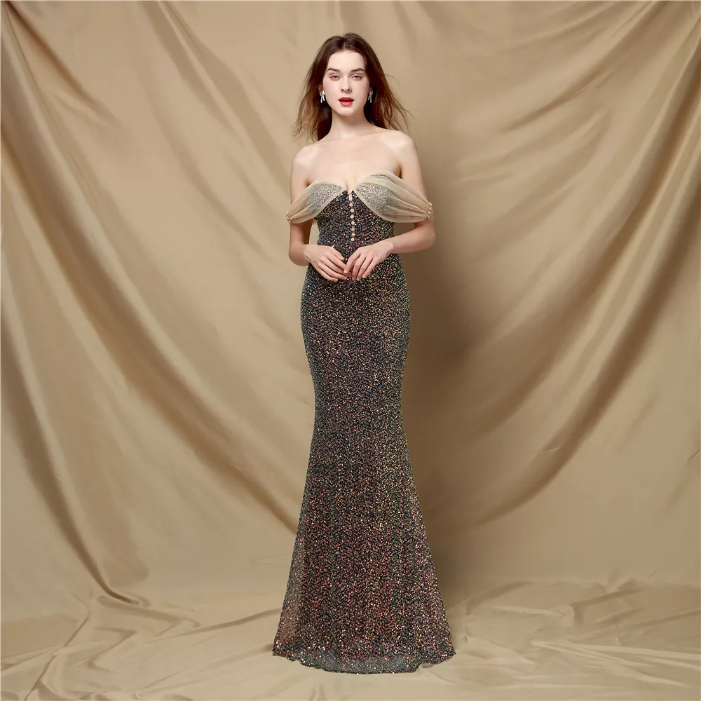 One Shoulder Sequined Strapless Fishtail Skirt with Elegant Temperament Banquet Party Evening Dress Women's Clothing