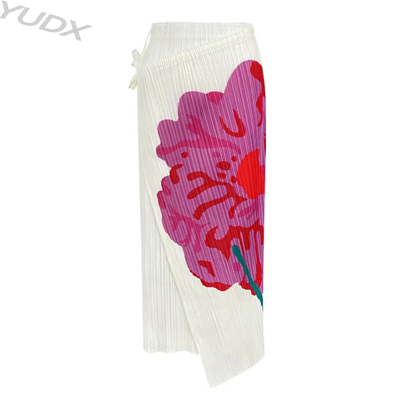 

Miyake Pleated 2023 Summer A Skirt Women's Half Skirt Mid-length Tied Design Sense Niche High Waist Print Red Flower Pants Skirt