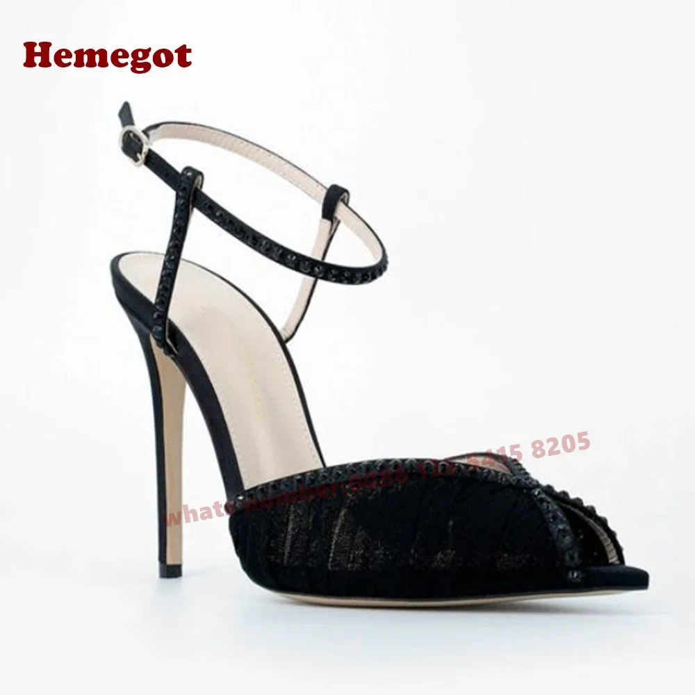 Green Rhinestones Slingback Sandals Open Toe Air Mesh Stiletto Heels Women\'s Sandals Crystals Satin Solid Summer Shoes Luxury