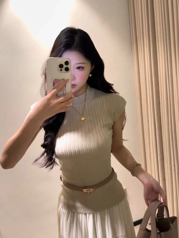 

Женская футболка Slim Fit ort Sve round Ne Knitted Base irt Summer 2025 New Sle Commute Sle Korean Version Soft Wind