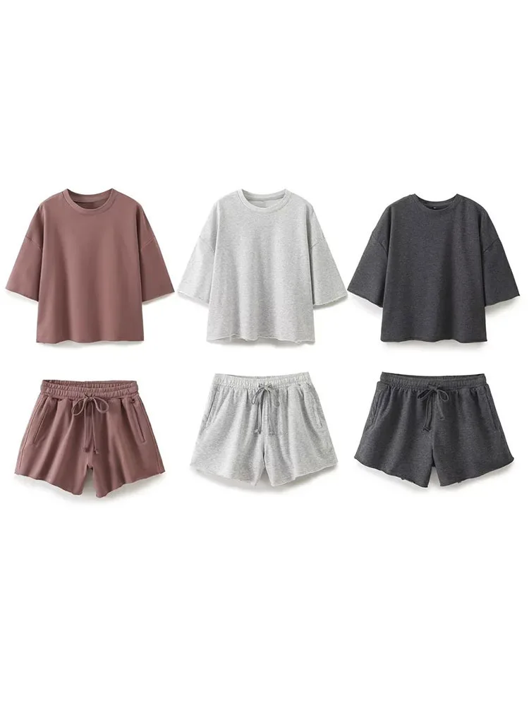 HH المرأة خمر الصلبة تي شيرت مجموعات قصيرة س الرقبة قصيرة الأكمام قمصان أعلى مرونة الخصر فضفاض السراويل الربيع قطعتين مجموعة