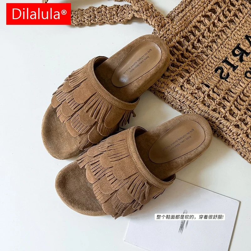 Dilalula 2025 Genuine Leather Fringe Slippers Women Peep Toe Med Wedges Heels Casual Outdoor Mules Female Vacation Walk Shoes