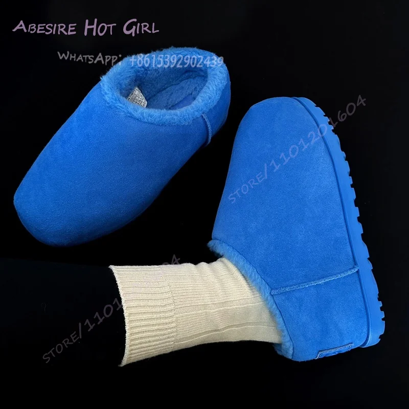 1 Blue Plush Bread Warm Snow Flats Women Round Toe Platform Brown Suede Real Fur Winter Casual Loafers Girls Slip On Office Lady