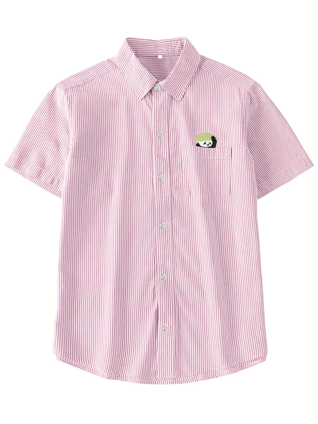 

Trendy Men's Summer New Cartoon Fun Little Panda with Bamboo Hat Print Short-Sleeve Shirt, Fashionable Commuter Style