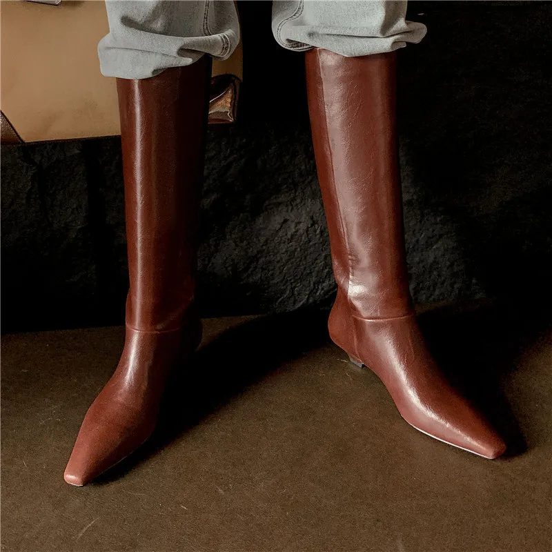 MORAZORA 2024 Size 33-41 New Genuine Leather Autumn Boots Fashion Female Slip On Knee High Boots Thick Med Heels Boots