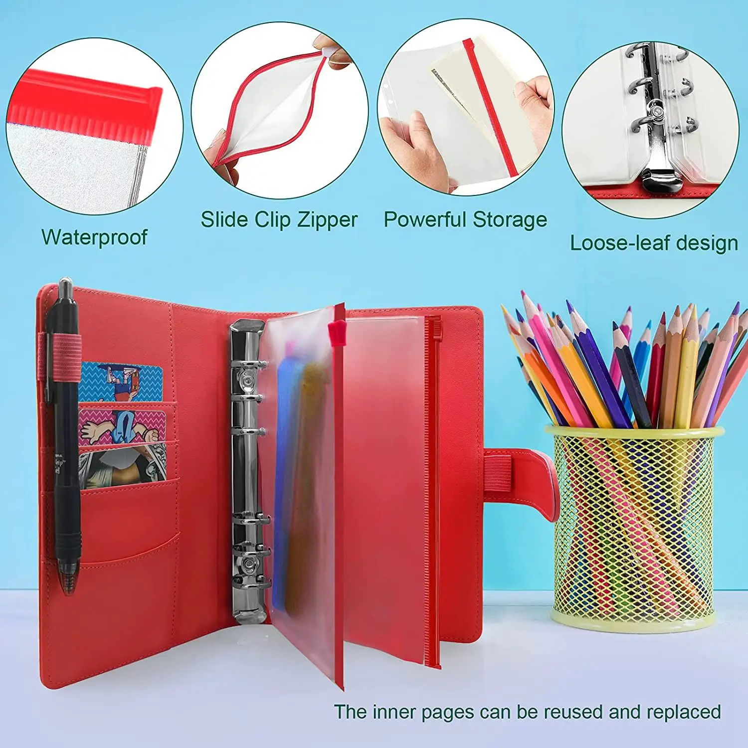 13Pcs A6 PU Leather Notebook Budget Binder Set, with 10 Binder Pockets, 6-Ring Budget Binder Cover, Card Storage Red
