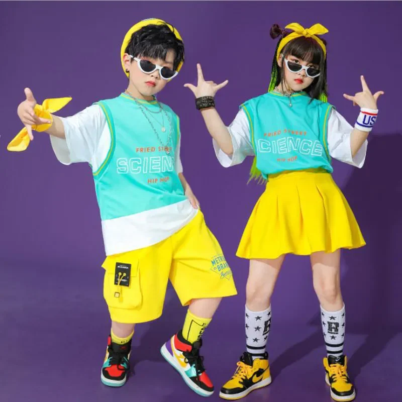 Skirt For Singers Girls Boys Jazz Dance Wear Costumes Outfits Kids Concert Hip Hop dancing Outfits Tshirt Street wear Shorts