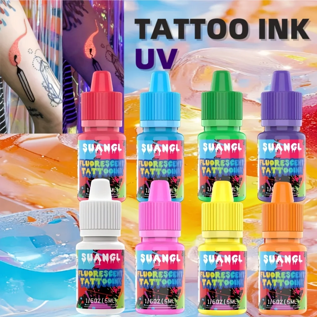 Ensemble d'encres de tatouage fluorescentes UV – 8 couleurs qui brillent sous la lumière noire, sûres et non toxiques, bouteilles de 5 ml.