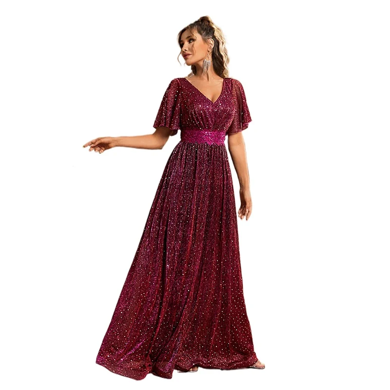 Elegant Double V-neck Waist Embroidery Long Formal Evening Party Bridesmaid Dress With Short Sleeves Red