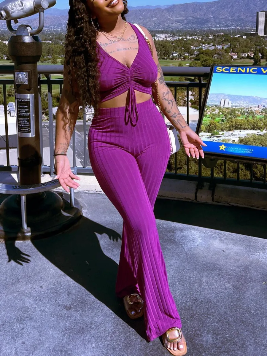 LW SXY Drawstring Flared High Waist Pants Set 2024 Women Summer Sleeveless Shirred V Neck Plain Two Piece Outfits Vacation Suit