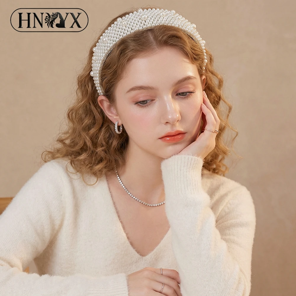 

HNYYX Pearl Wide Hair Hoop Korean Popular Headband Alloy Double Row Hairband Party Fashion Hair Accessories A16