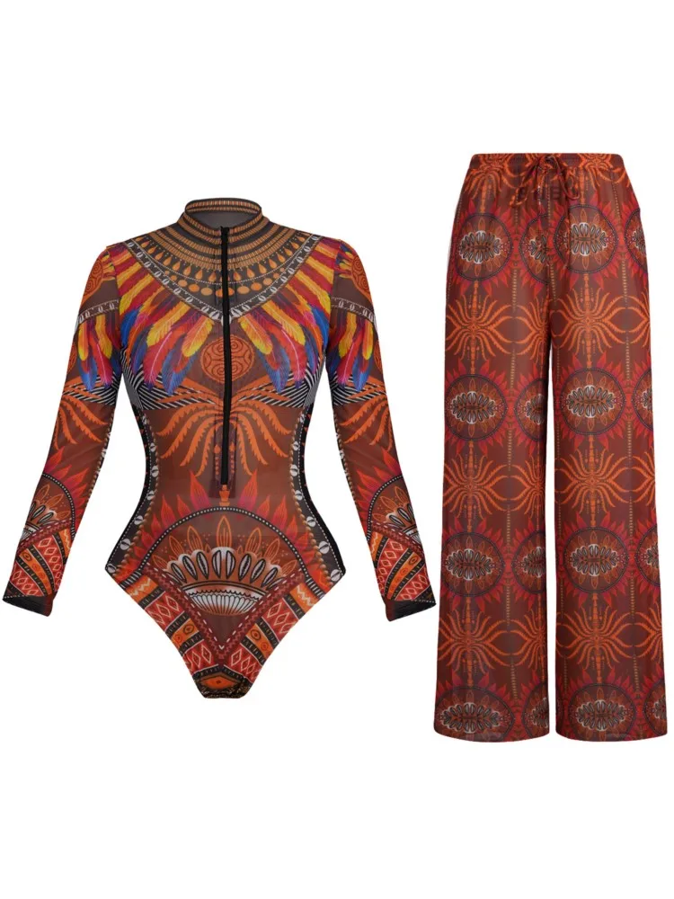 

Ретро-бикини с принтом, модный раздельный купальник и накидка с брюками, облегающий женский комплект, летний пляжный, роскошный, элегантный