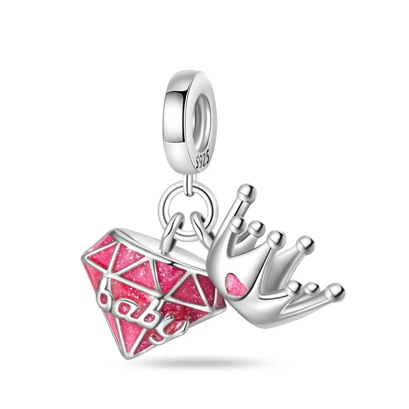 New 925 Sterling Silver Princess Pink Crown Charms Pendant Fit Original Bracelet DIY Women Birthday Jewelry Gift