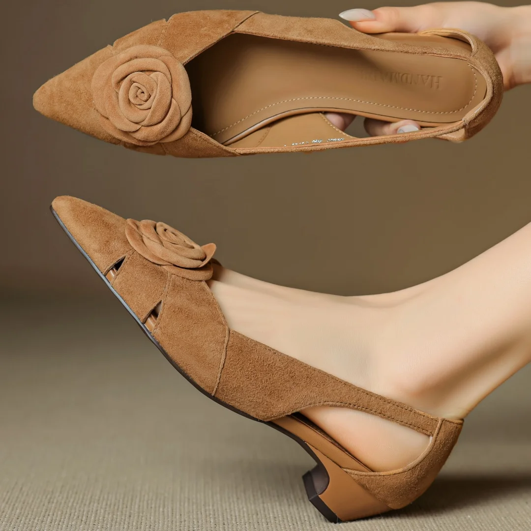 

Women's natural suede leather pointed toe slingback slip-on pumps elegant ladies 3cm kitten heel summer slim dress heels shoes