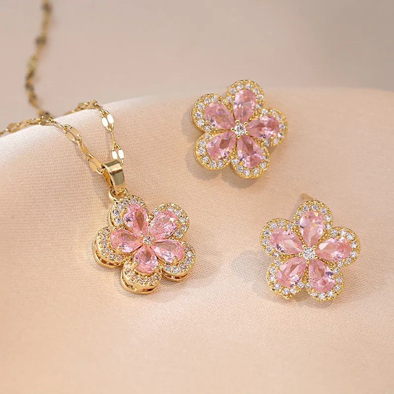 Luxurious Pink CZ Zircon Five-leaf Flower Earrings Women\'s Exquisite Design Simple Pendant Necklace Birthday Gift Jewelry