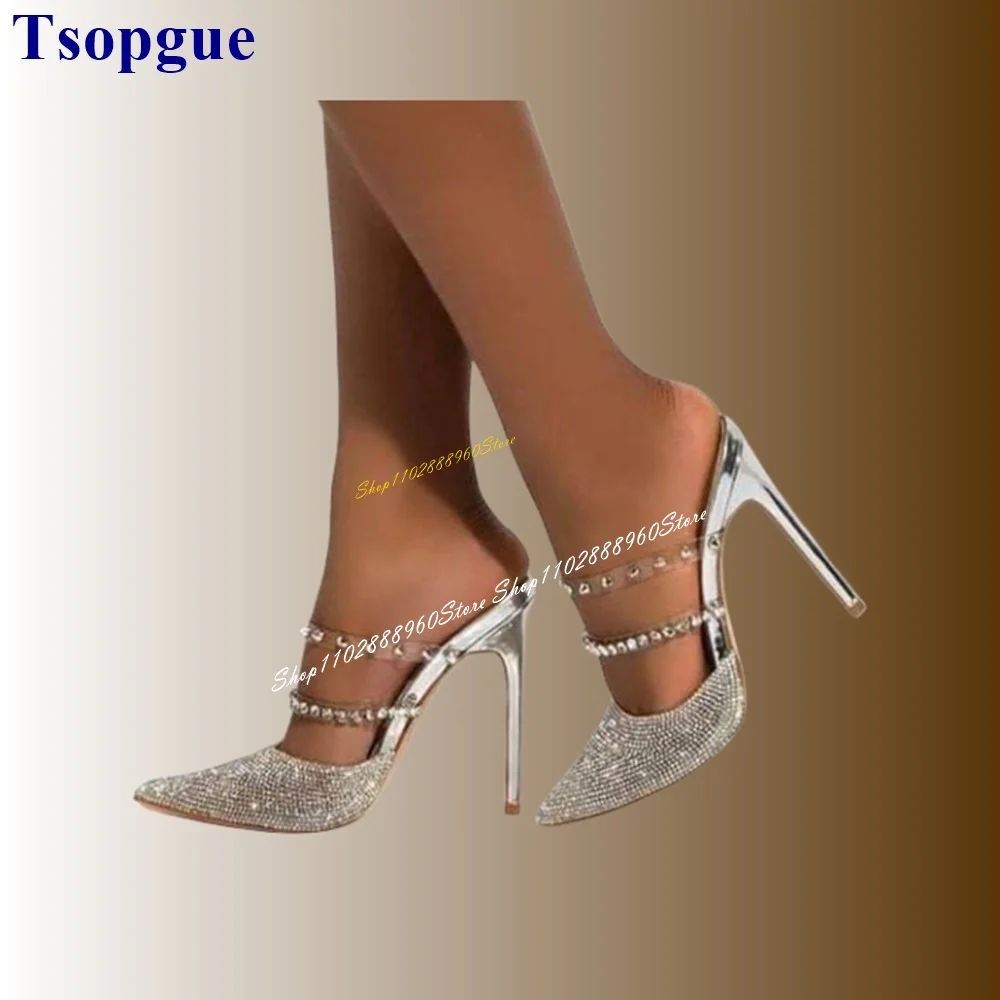 

Bling Silver Sparkling Crystal Half Slippers Thin High Heel Women Shoes Slip On Pointed Toe 2024 Fashion Zapatos Para Mujere