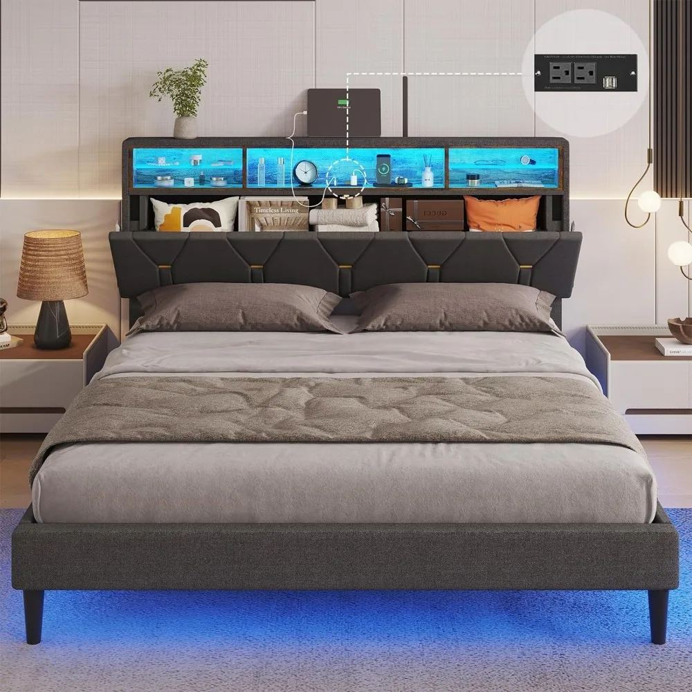 Queen Bed Frame w USB Ports & Outlets, LED Bed Frame Queen Size w Shelf Storage Headboard, Upholstered Platform Bed w LED Lights