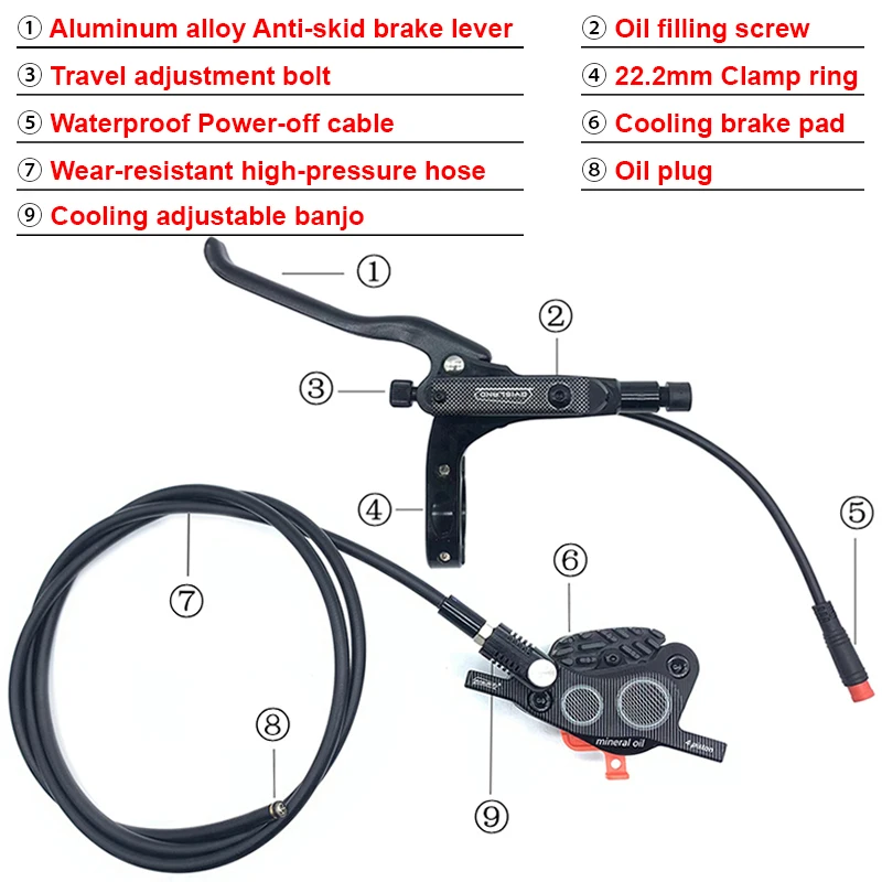 Electric Bike Power-off Hydraulic Disc Brake 4 Pistons Brake Caliper MTB E-Bike E Scooter Brake Oil Pressure 800/1550mm Hose