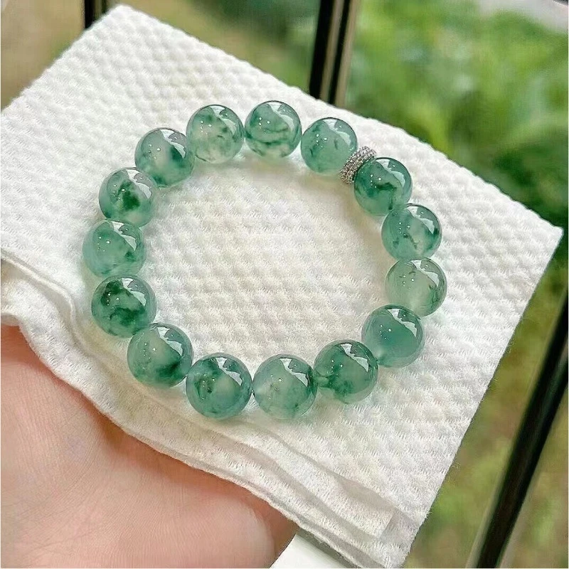 

Natural Burmese ice jadeite blue patterns, bracelet and necklace made from old mine A-grade round beads, unisex, with