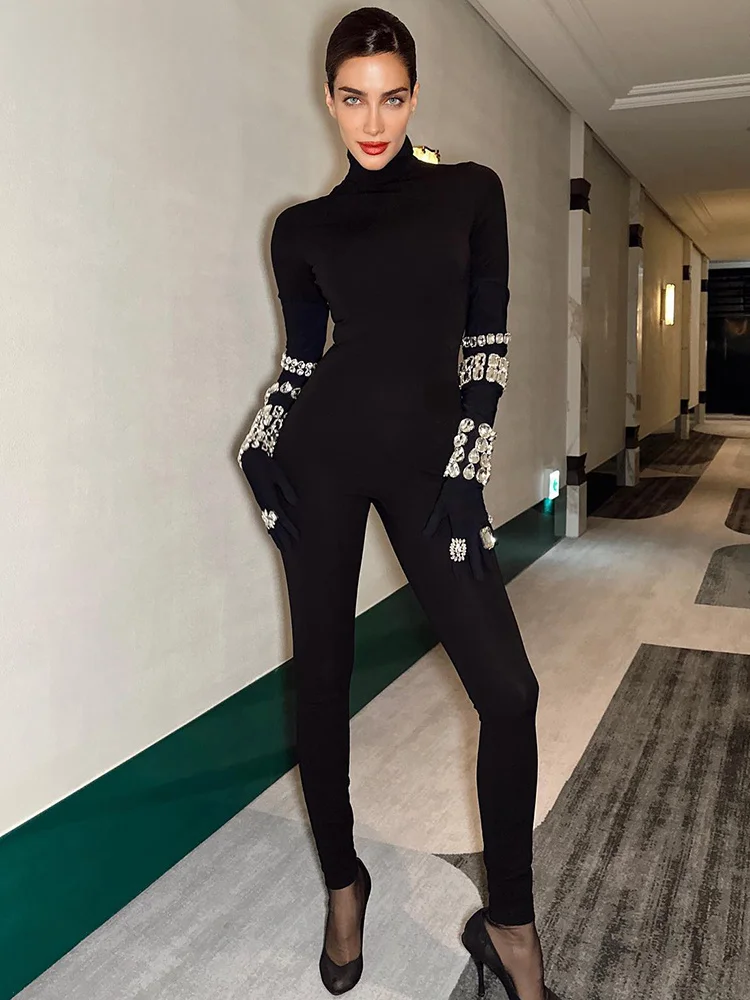 

Luxury Diamond Design Black Bandage Jumpsuit for Women, Long Sleeves Evening Party Clubwear