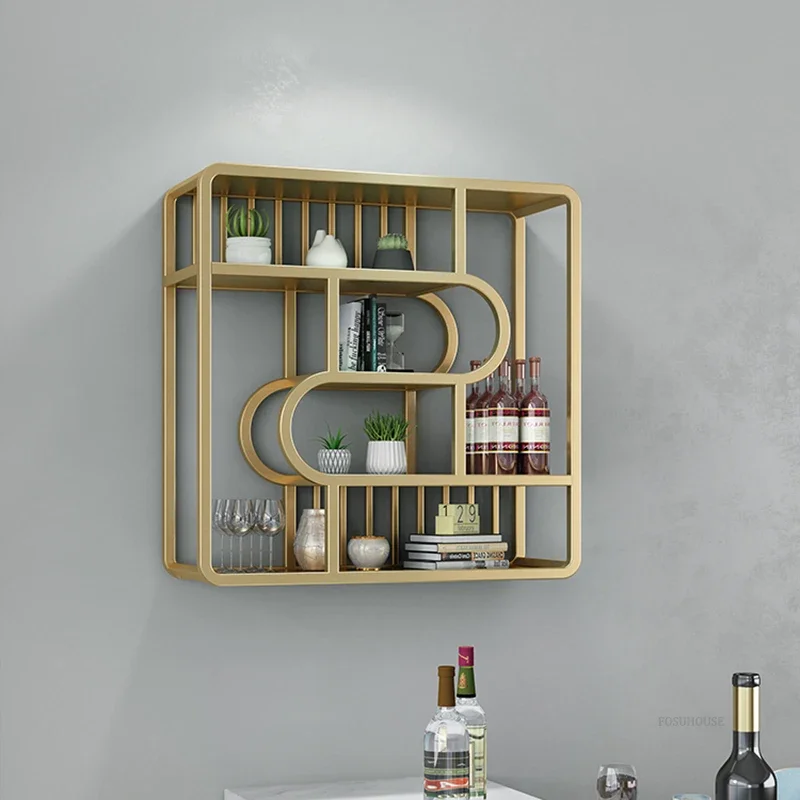 Armário Expositor Minimalista de Ferro Forjado para Sala de Estar, Adega Nórdica, Armário de Bar de Parede para Restaurante, Decoração de Parede