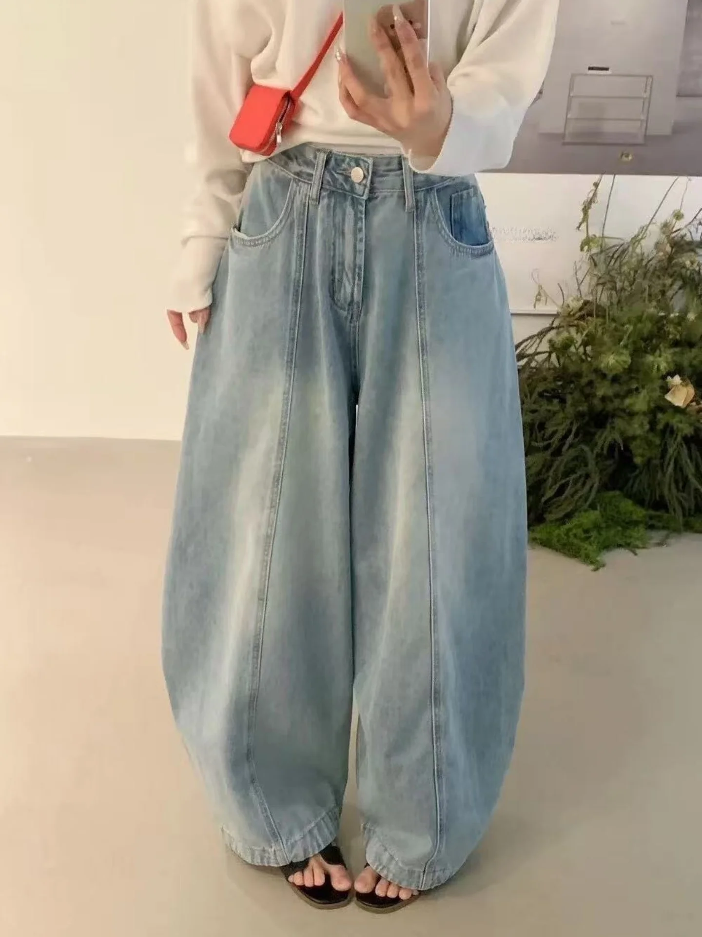 

Casual Wide Leg Denim Jeans Women's Summer New Style Slimming Loose Versatile Washed Vintage Blue Balloon Casual Pants
