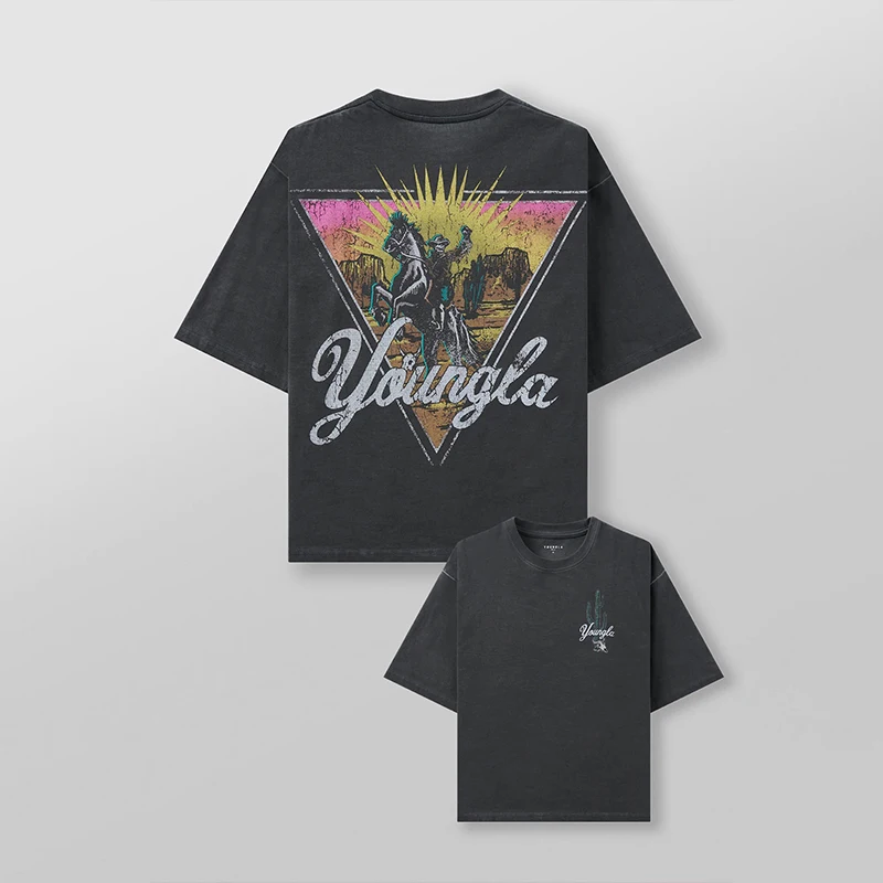 Oversized bedrukt katoenen T-shirt voor heren, westerse cowboystijl, katoen, bedrukt, ronde hals, sport, vrije tijd, skateboard, top met korte mouwen