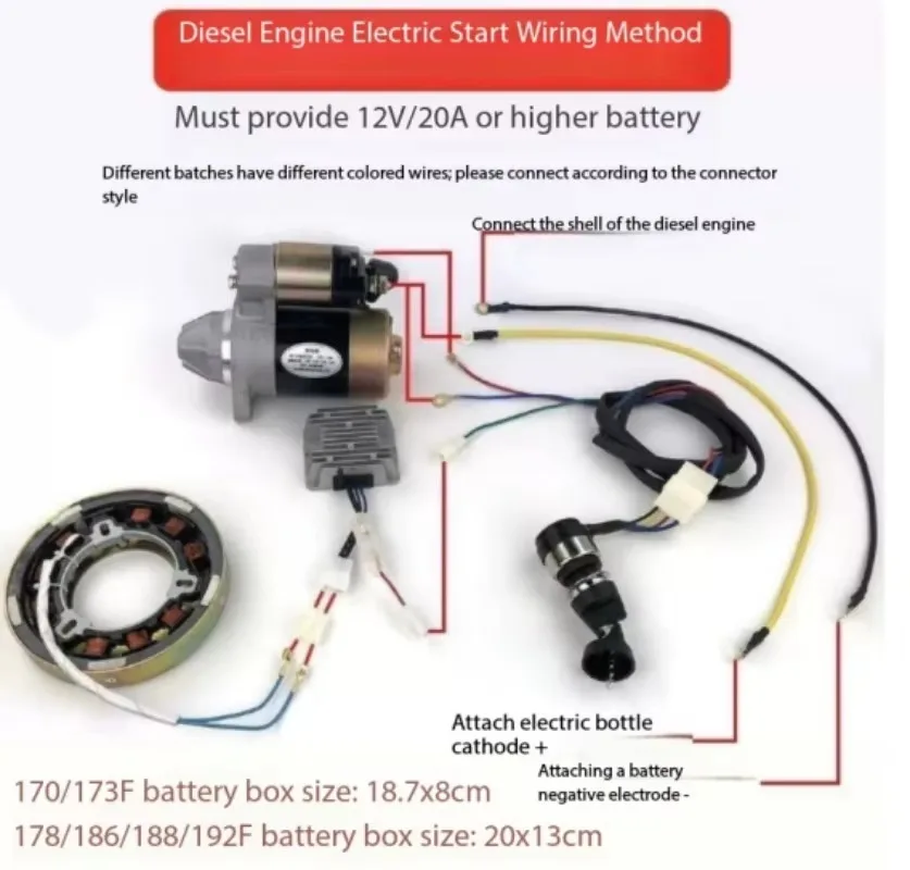 Electric Starter Complete Kit for 170F 173F 178F 186F Diesel Micro-tiller Engine Retrofit Replacement Parts