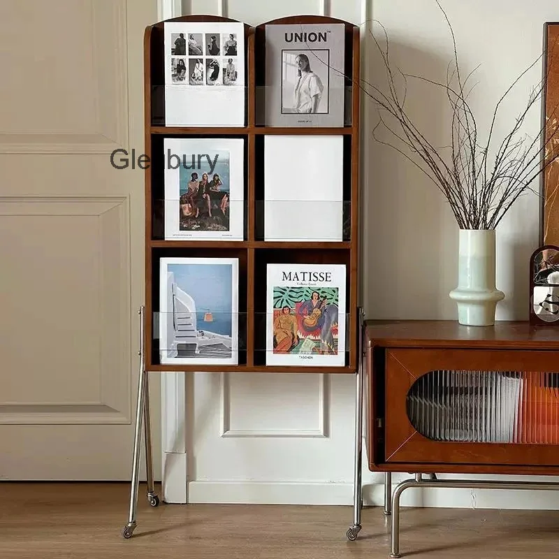 Vintage Wooden Magazine Rack With Metal Legs Floor Standing Book Display Rack Literature Storage Holder For Living Room