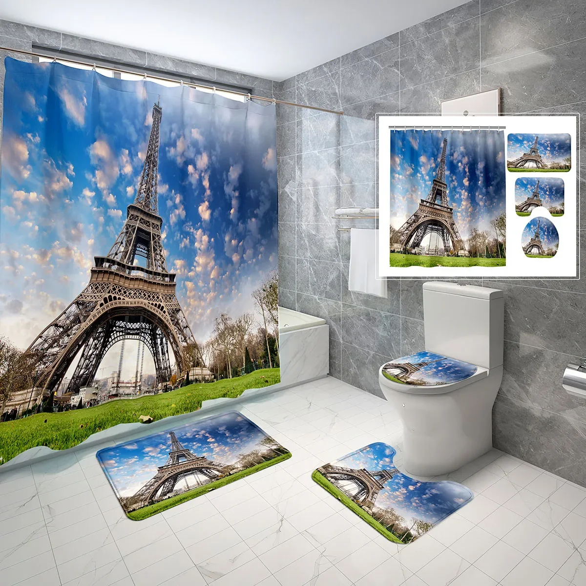 French Landscape Shower Curtain Set Eiffel Tower Under Blue Sky 4 Pcs Shower Curtain Bathroom Non-Slip Bath Mat Toilet Cover