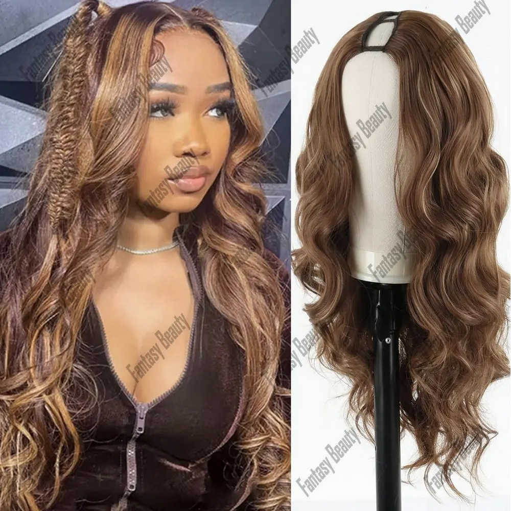 1*4Middle U Part Human Hair Wig Body Wave Highlight Blonde Brown V Shape Wigs Wet And Wavy 180Density Machine Made Wig For Woman