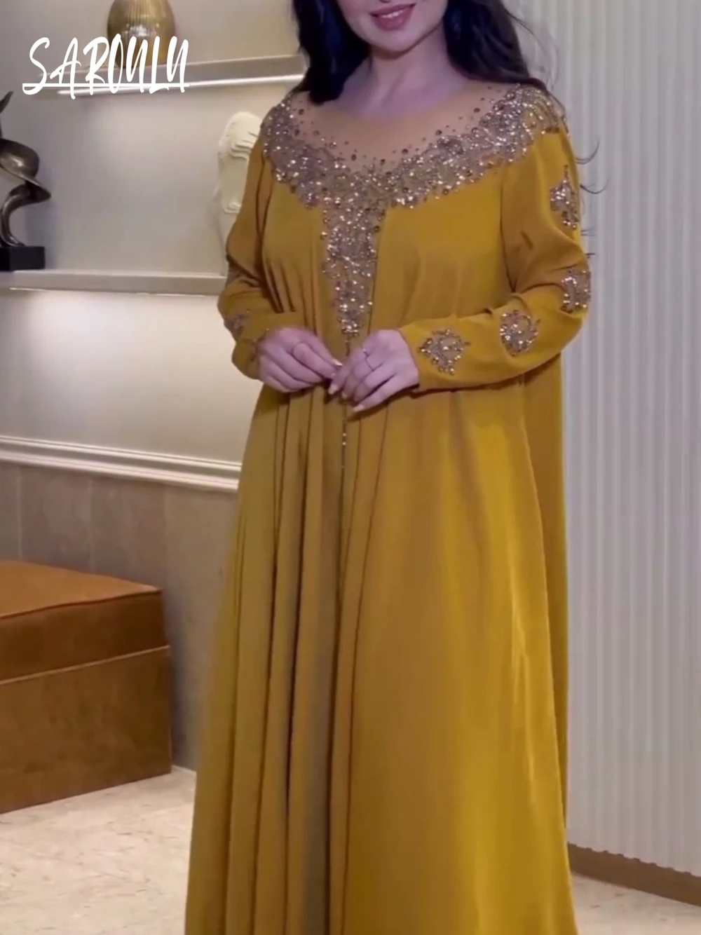 

Muslim Plus Size A Line Classy Evening Dress Kaftan O Neck Prom Gown Women Party Elegant Customized Sequins Caftan Casual Wear