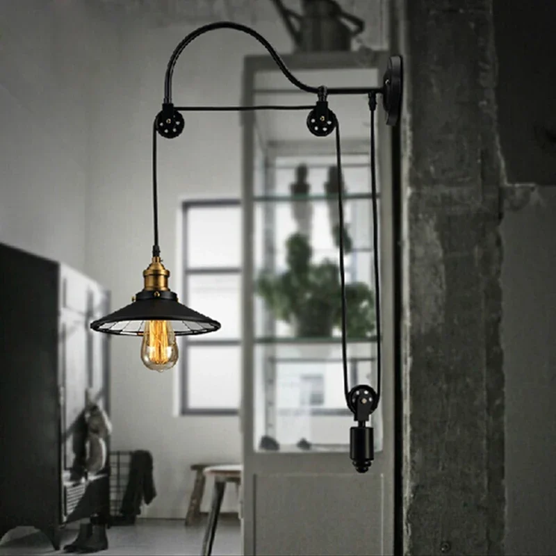 

Retro adjustable pulley length iron glass reading black vintage wall lamps e27 led lights sconce for bathroom bedroom office bar