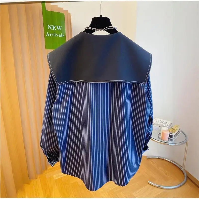 plus Size 300 Pou Fat MM Doll Collar Long Sve irt 2024 Autumn New Loose Striped Large Collar Blouse Korean Sle Comm...