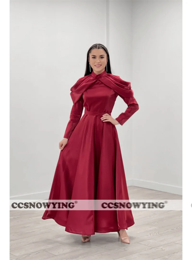 

Burgundy Satin Evening Dress Long Sleeve Prom Dress High Neck Islamic Arabia Dubai Formal Party Gown Hijab Robe De Soiree