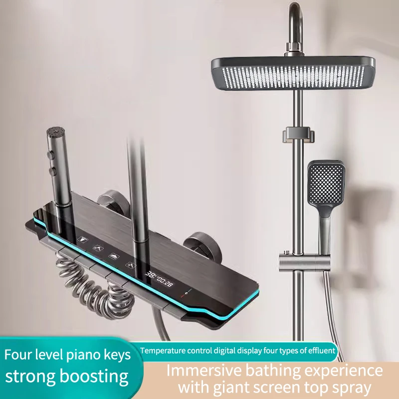 

Gunmetal grey with light constant temperature display shower head household bathroom rain shower bath pressure shower head showe