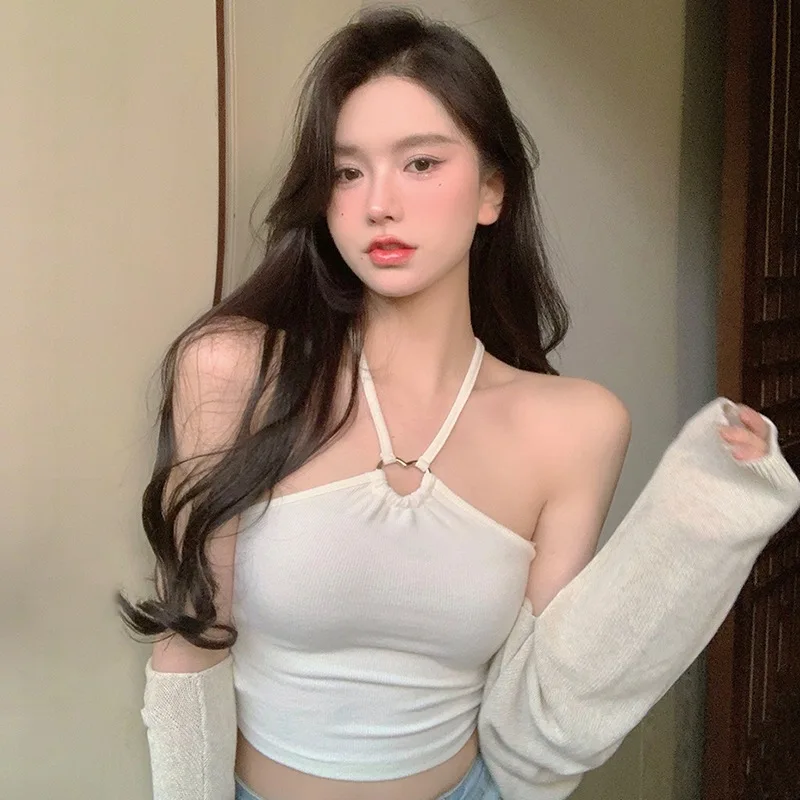 

Women Korean Solid Color Halter Sweet Slim Sexy Exposed Navel Camisole Crop Top Tanks