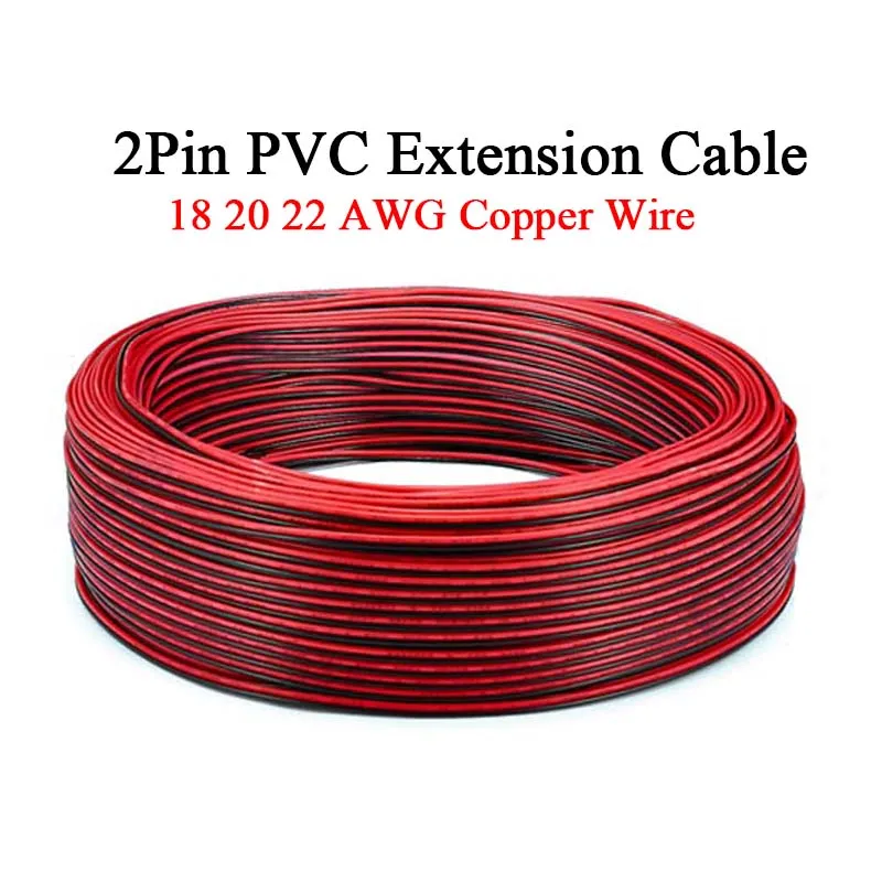 

5M 10M 20M 2PIN Tin Plated Copper Wire 18 20 22AWG Black Red PVC Jacket Insulated Electrical Cable For LED Strips Light Motor