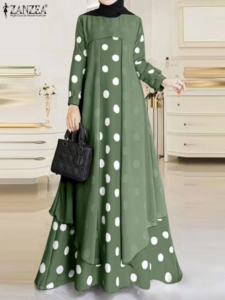 Elegant O-Neck Long Sleeve Muslim Sundress ZANZEA Women Polka Dots Printed Dress Casual Loose Robe Femme Turkey Abaya Vestidos