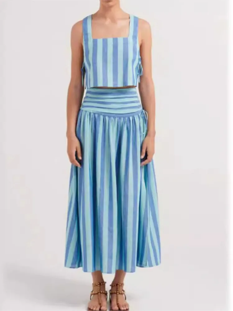 

Fashion Striped Printed Two Piece Set Casual Elegant Vacation Drawstring Sleeveless Cropped Top And Hem Slit Skirts 2 Piece Sets