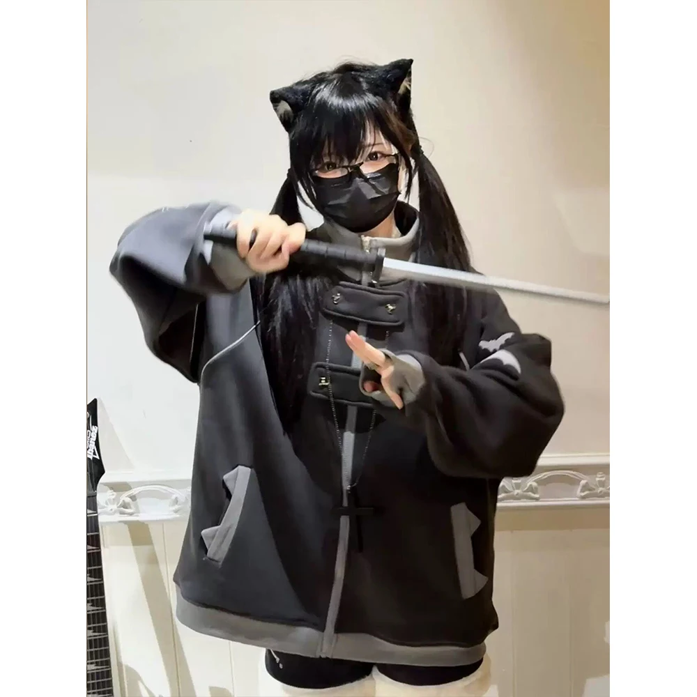 Y2K Gothic Zip Up Hoodie Women Bat Contrast Color Stand Collar Sweatshirt Dark Alt Streetwear Oversized Punk Aesthetic Jacket view 6