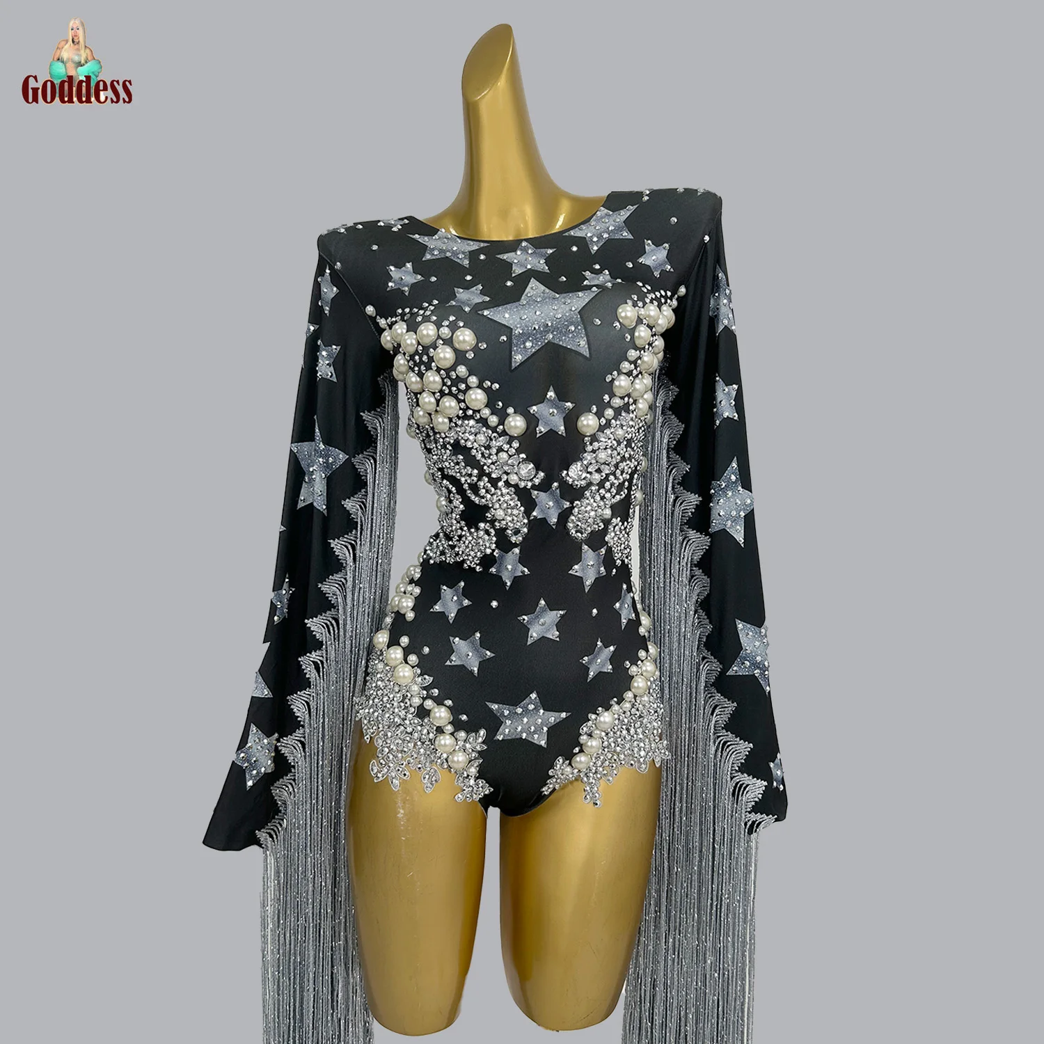 

Sparkly Sequins Big Pearls Bodysuit for Women Sexy Bling Dance Fringes Costume Birthday Party Celebrate Outfit Singer Stage Wear