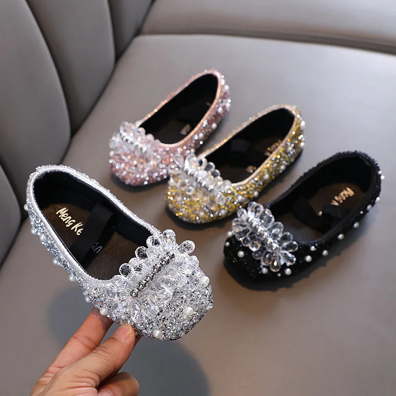 Girls Rhinestone Princess Shoes Children's Color Sequins Leather Shoes Fashion Kids Pearl Party Wedding Shoes