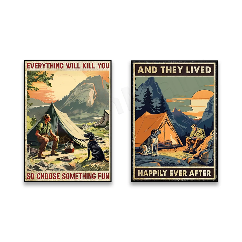 Man camping with dog and happily ever after poster, camping print, gift for camping lovers, funny dog poster