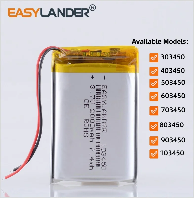 303450 403450 603450 703450 803450 903450 3.7V 2000mAh 103450 Rechargeable Lithium Li-ion Polymer Battery Lipo Batteries