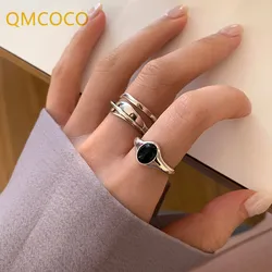 QMCOCO Vintage Unique Black Stone Rings For Women Metal Geometric Finger Advanced Sense Jewelry Party Birthday Gifts