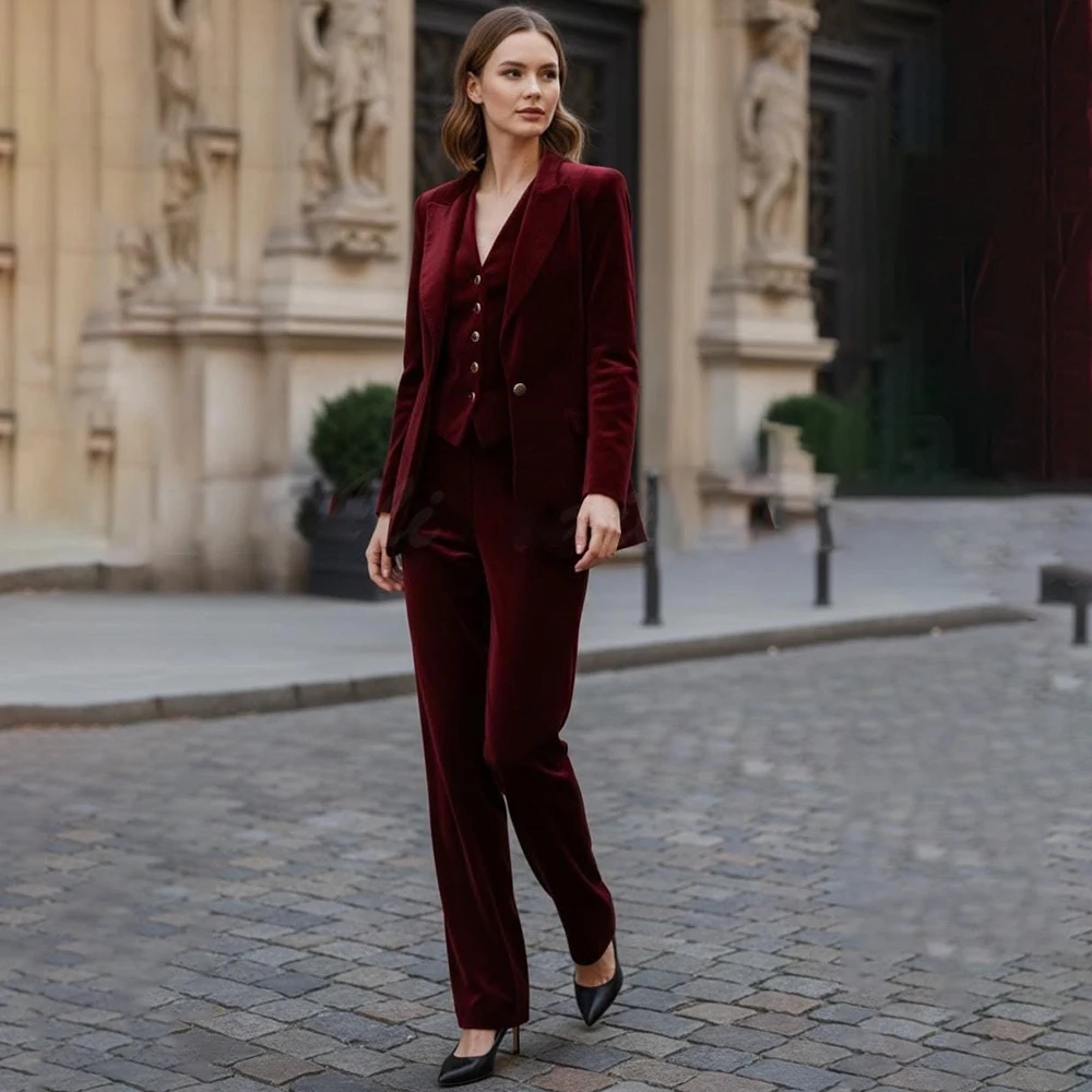 Burgundy Velvet Women's Suits Fashion Slim Fit Office Work 3 Piece Jacket Pants Vest Luxury Skinny Female Clothing Blazer